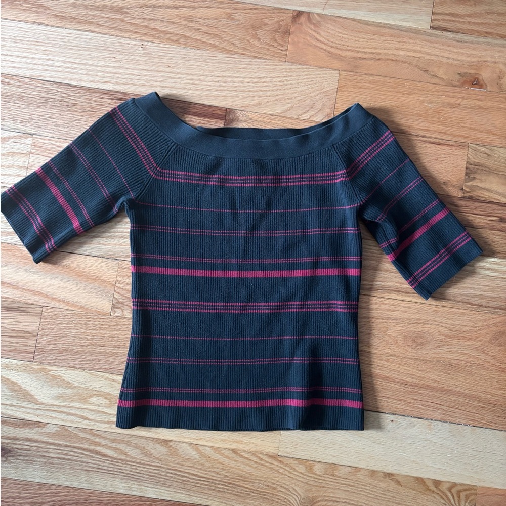 3/$20 INC Black/Grey and Red Striped Off-Shoulder Top SZ Med